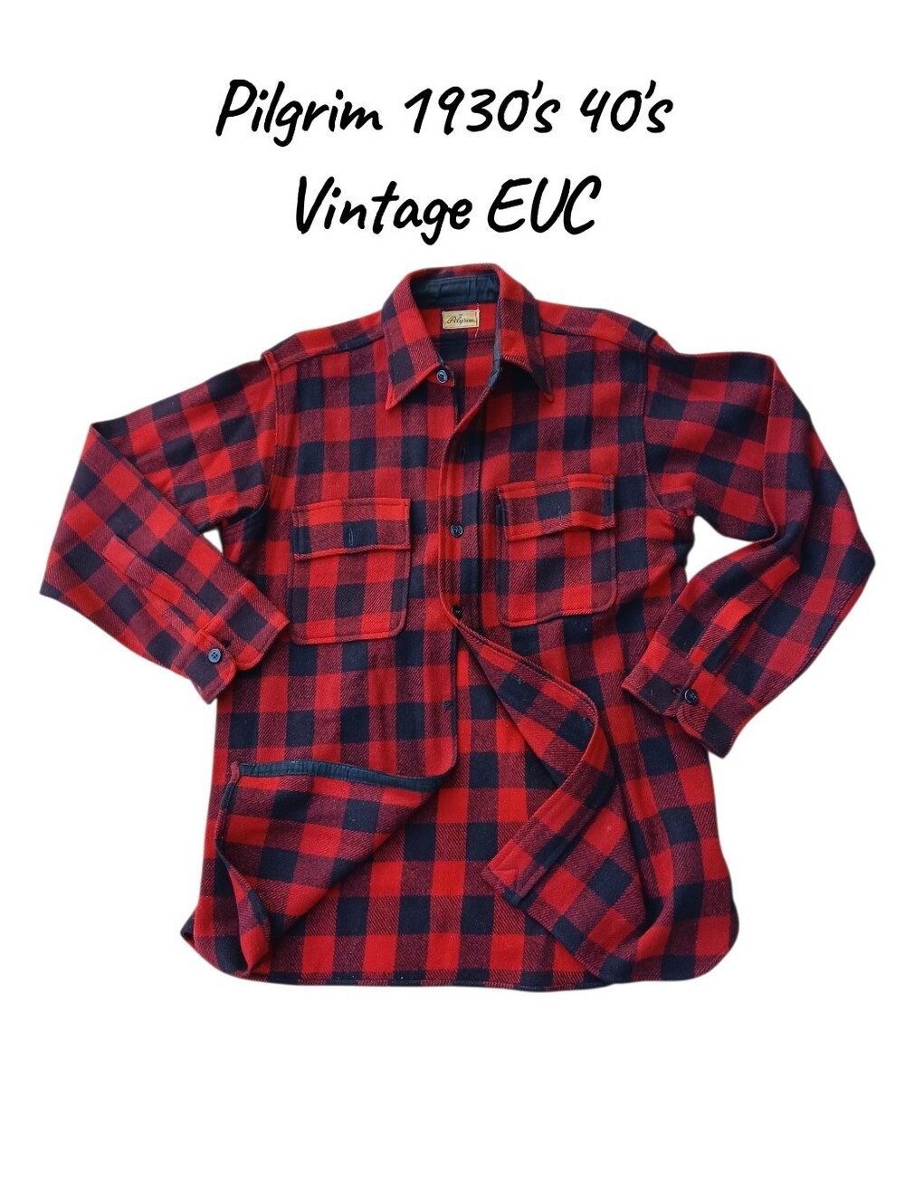 Vintage EUC Pilgrim Red & Black Plaid Button-Front Wool Shirt
